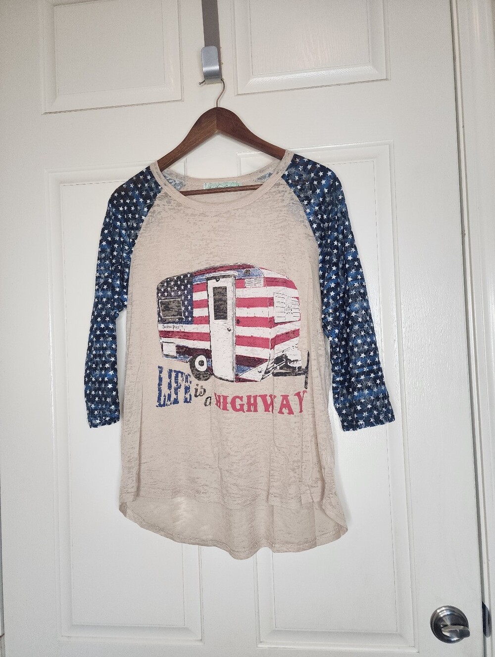 Southern Grace "Life is a Highway" Burnout Graphic Tee Raglan Stars 3/4 Sleeves